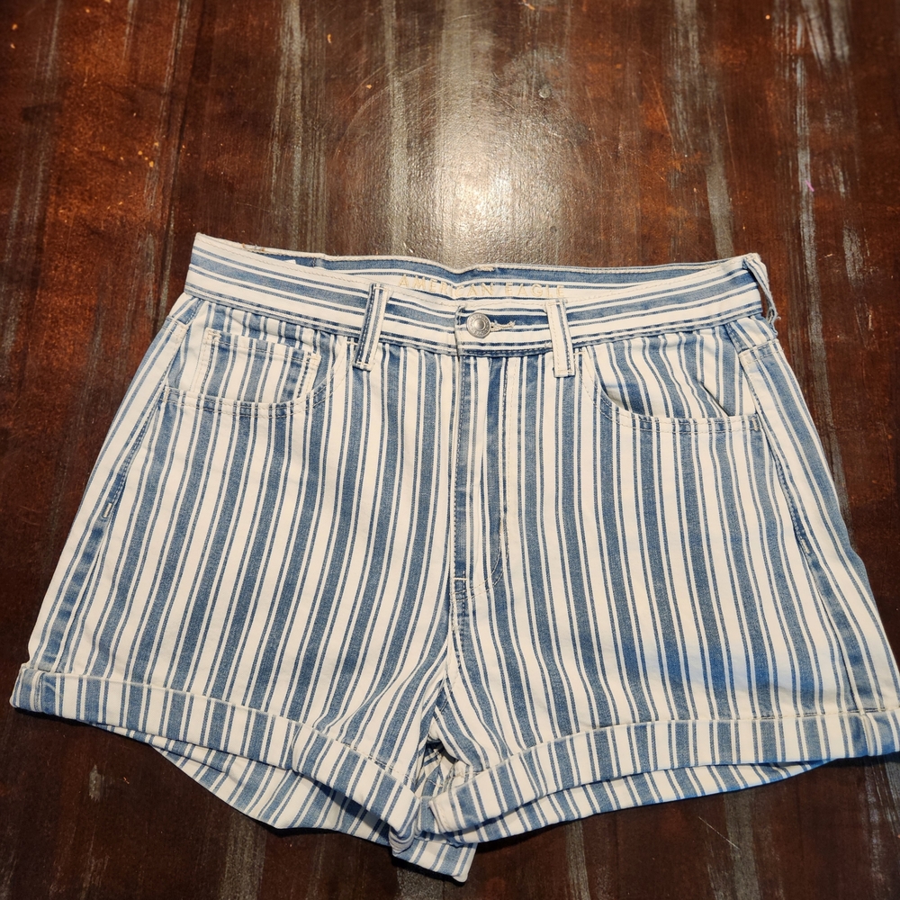 American Eagle Blue and White Striped Jean Shorts